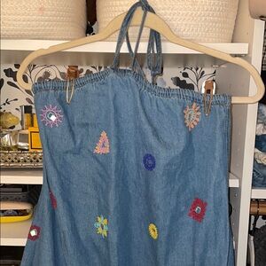 ZARA Embroidered Denim Halter Dress